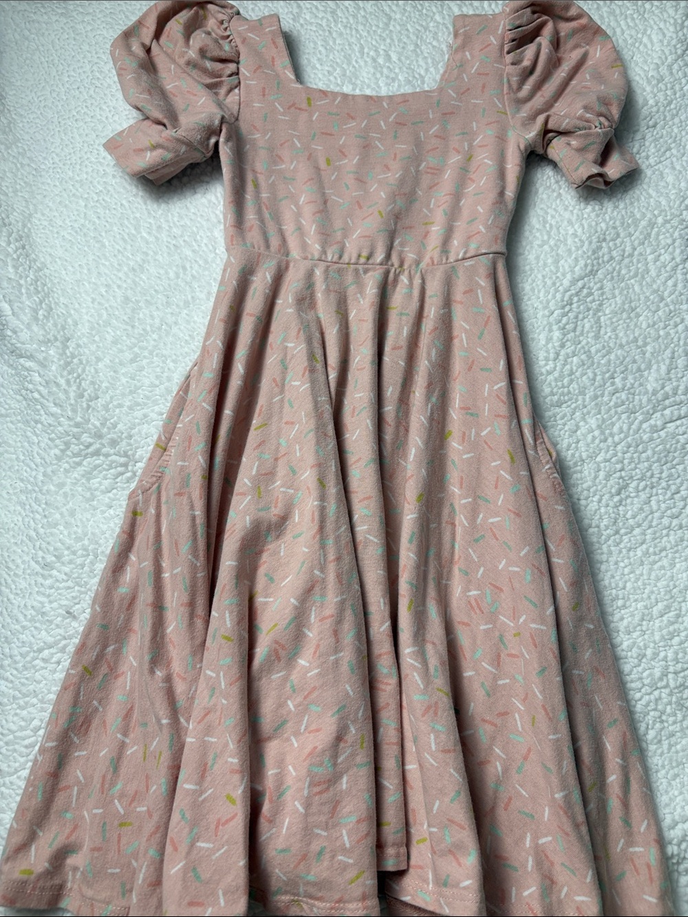 Girls' Dusty Pink Puff Sleeve Twirl Dress with Confetti Print